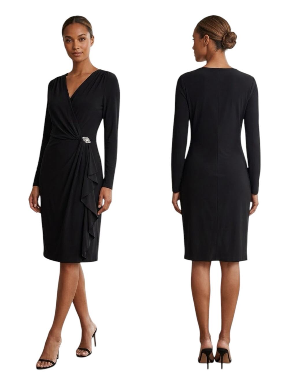 LAUREN Ralph Lauren Size 12 Matte V-Neck Knit Long Sleeve Dress With Brooch